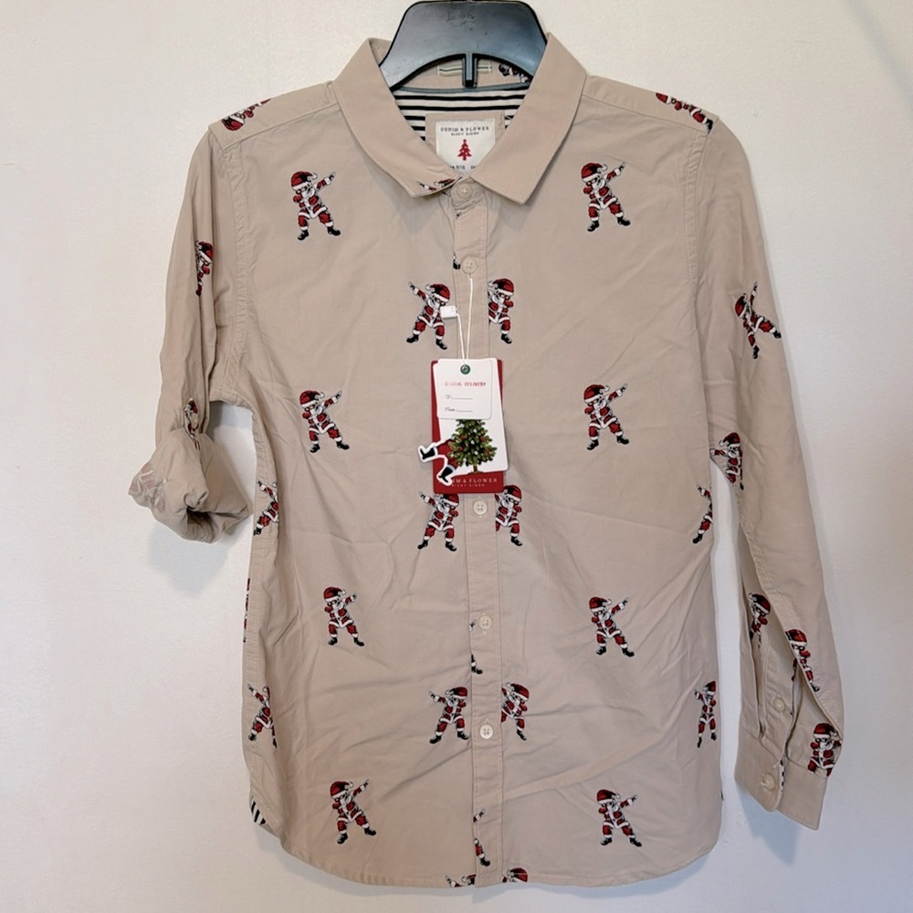 New Denim & Flower Boys Christmas Santa dabbing button up long sleeve shirt